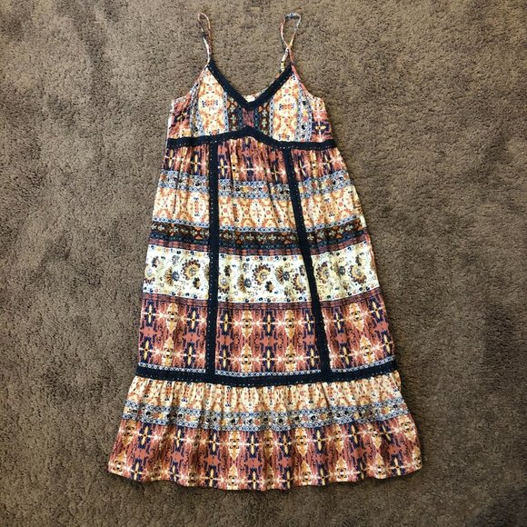 NWT KNOX ROSE Boho Cinched Waist Tassle Trim Dress Size S